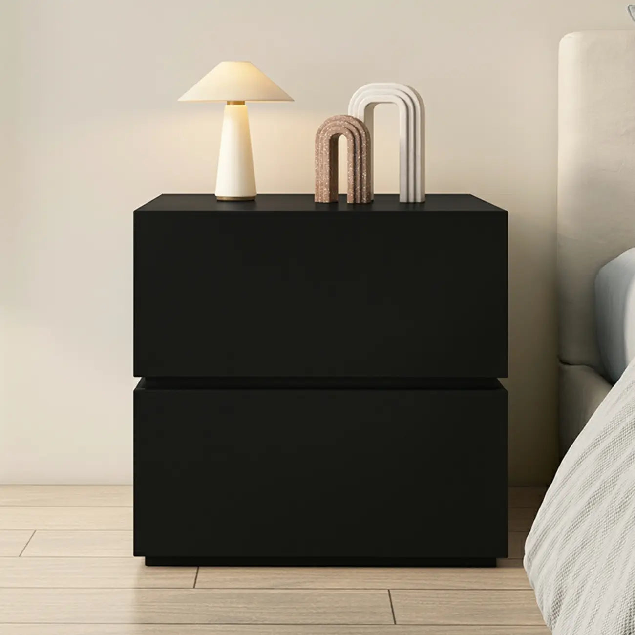 Table de chevet minimaliste à 2 tiroirs en bois noir brillant