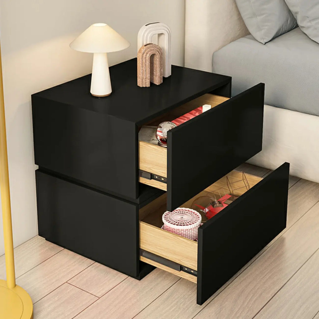 Table de chevet minimaliste à 2 tiroirs en bois noir brillant