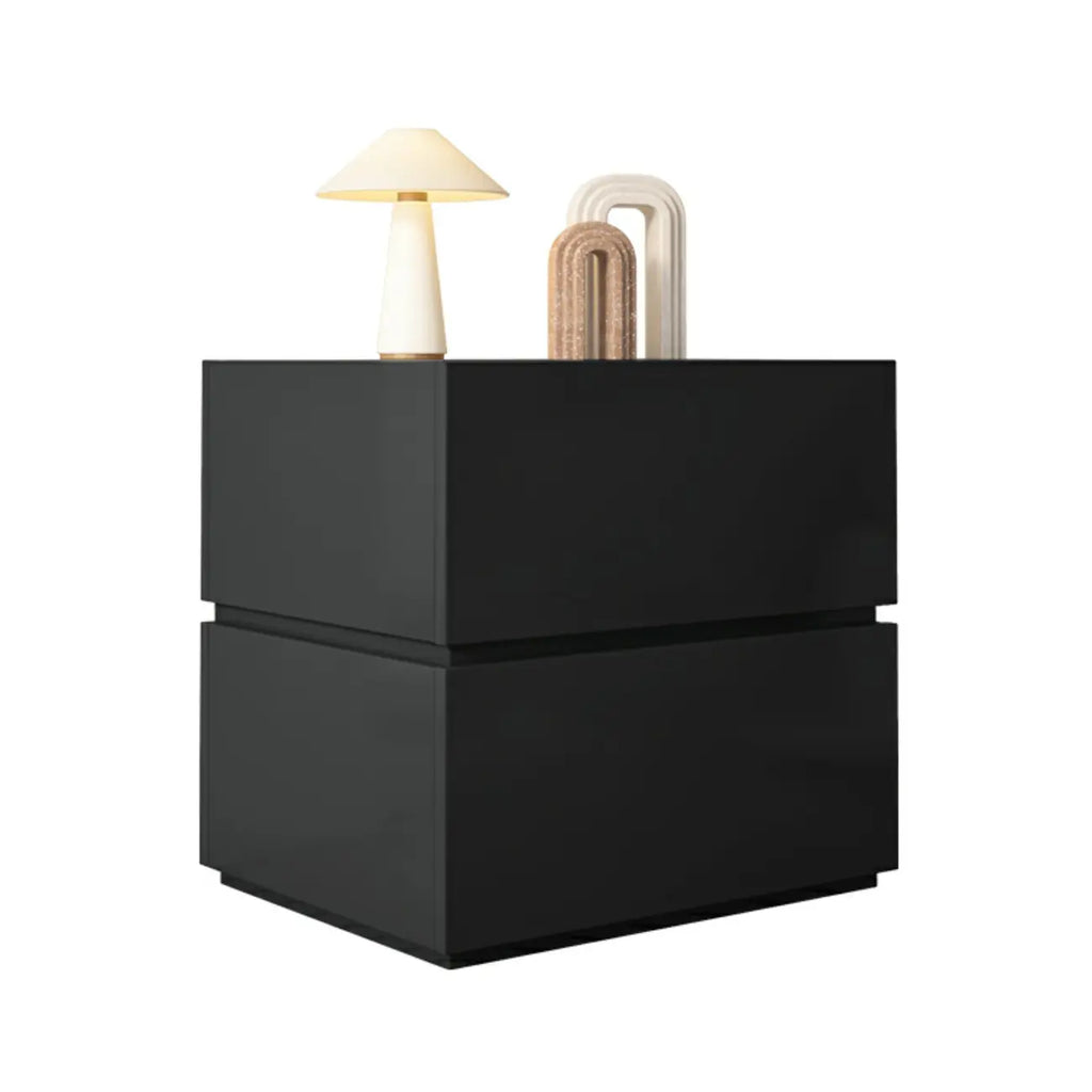 Table de chevet minimaliste à 2 tiroirs en bois noir brillant