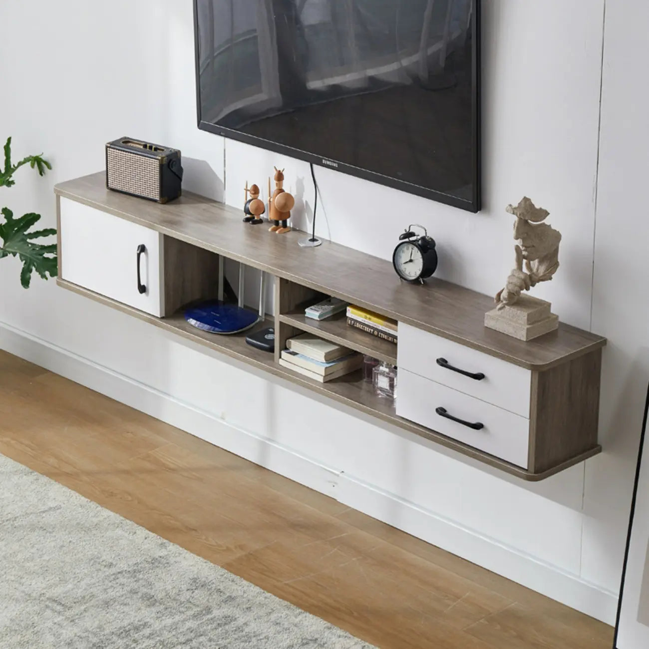 Mobile TV sospeso con 59 cassetti e ripiani aperti in legno grigio