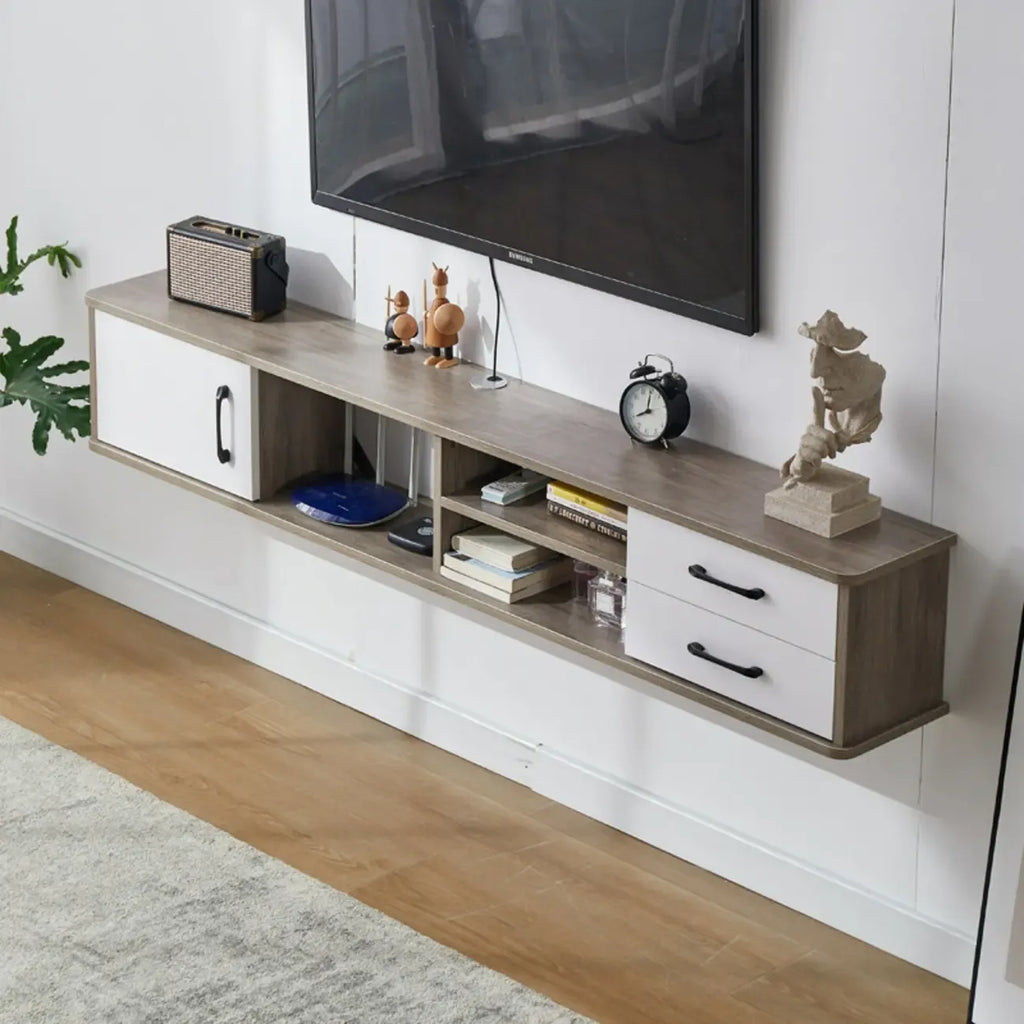 Mobile TV sospeso con 59 cassetti e ripiani aperti in legno grigio