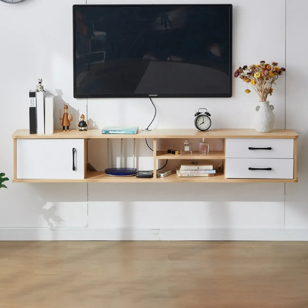 Mobile TV sospeso con 59 cassetti e ripiani aperti in legno grigio