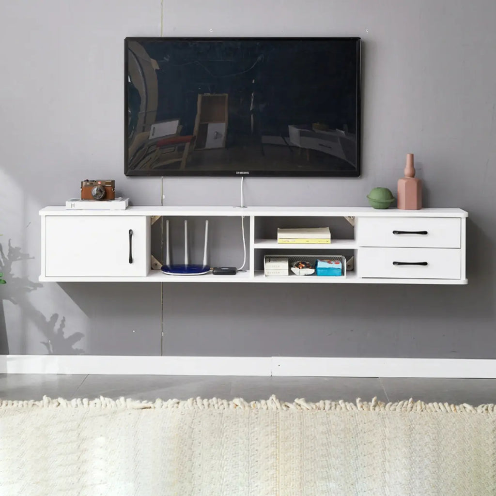 Mobile TV sospeso con 59 cassetti e ripiani aperti in legno grigio