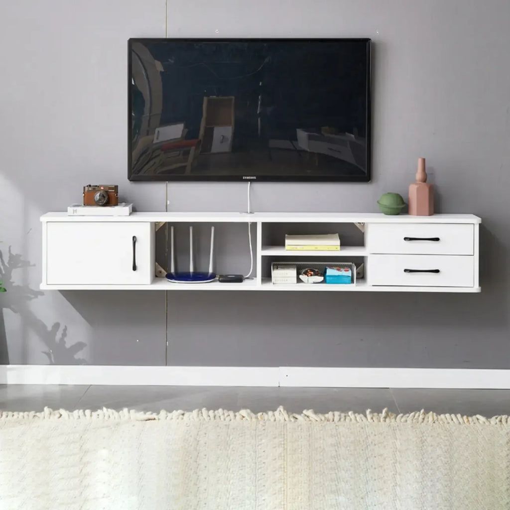 Mobile TV sospeso con 59 cassetti e ripiani aperti in legno grigio