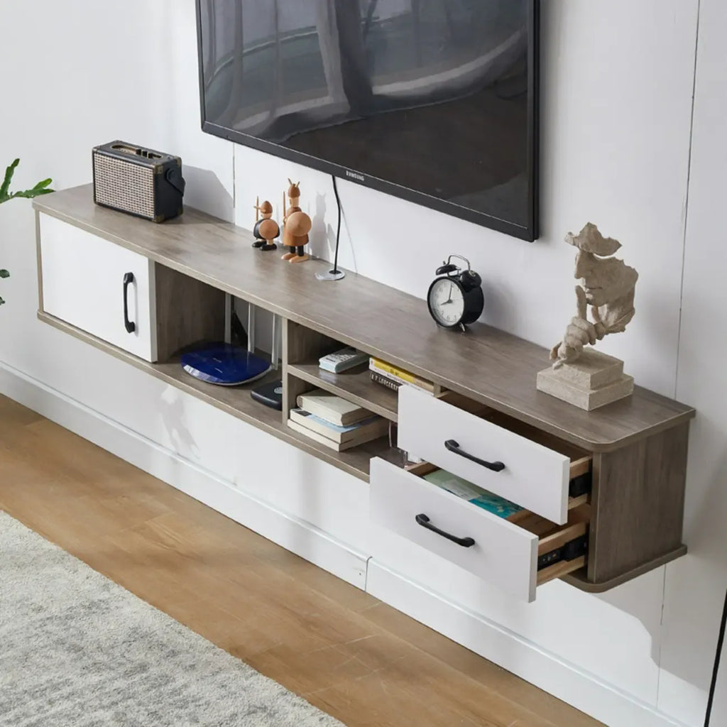 Mobile TV sospeso con 59 cassetti e ripiani aperti in legno grigio