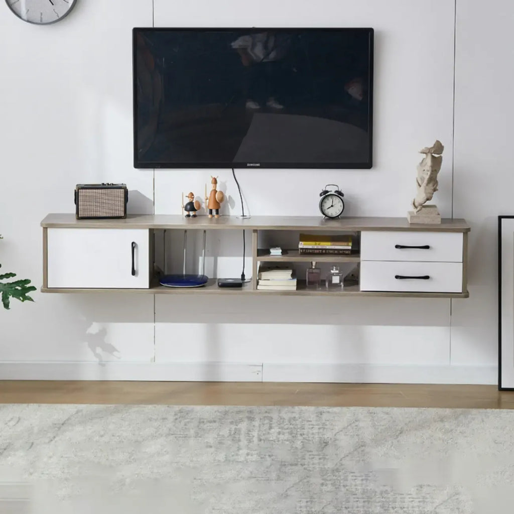 Mobile TV sospeso con 59 cassetti e ripiani aperti in legno grigio