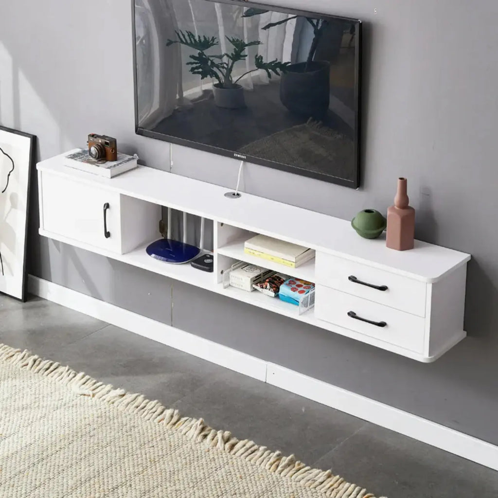 Mobile TV sospeso con 59 cassetti e ripiani aperti in legno grigio