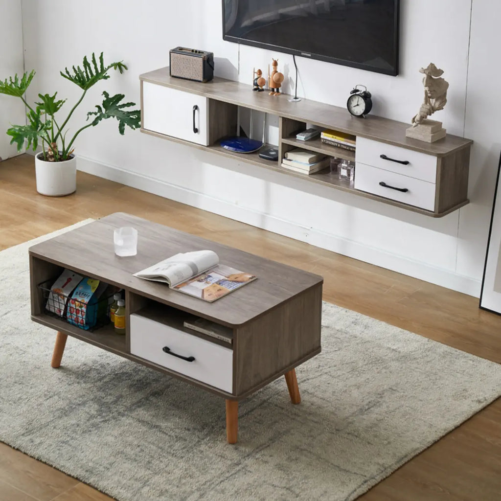 Mobile TV sospeso con 59 cassetti e ripiani aperti in legno grigio