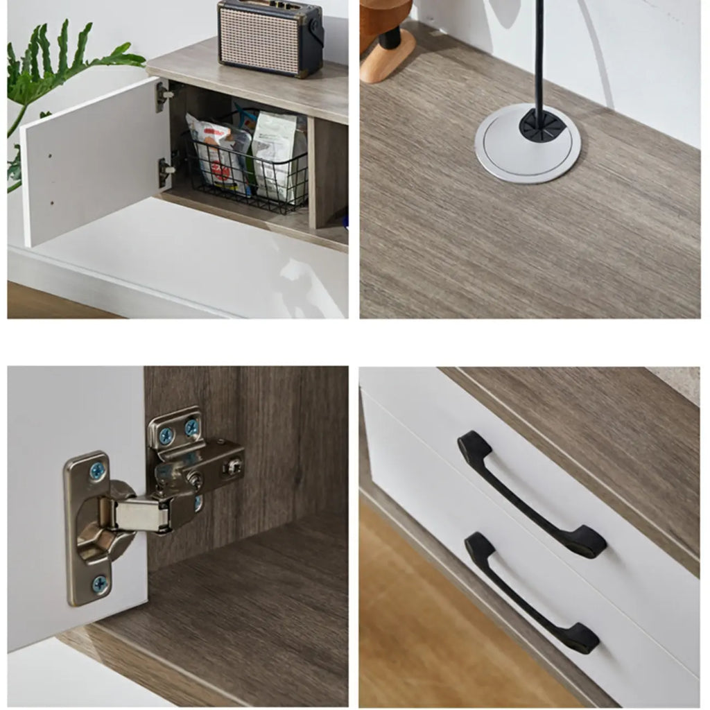 Mobile TV sospeso con 59 cassetti e ripiani aperti in legno grigio