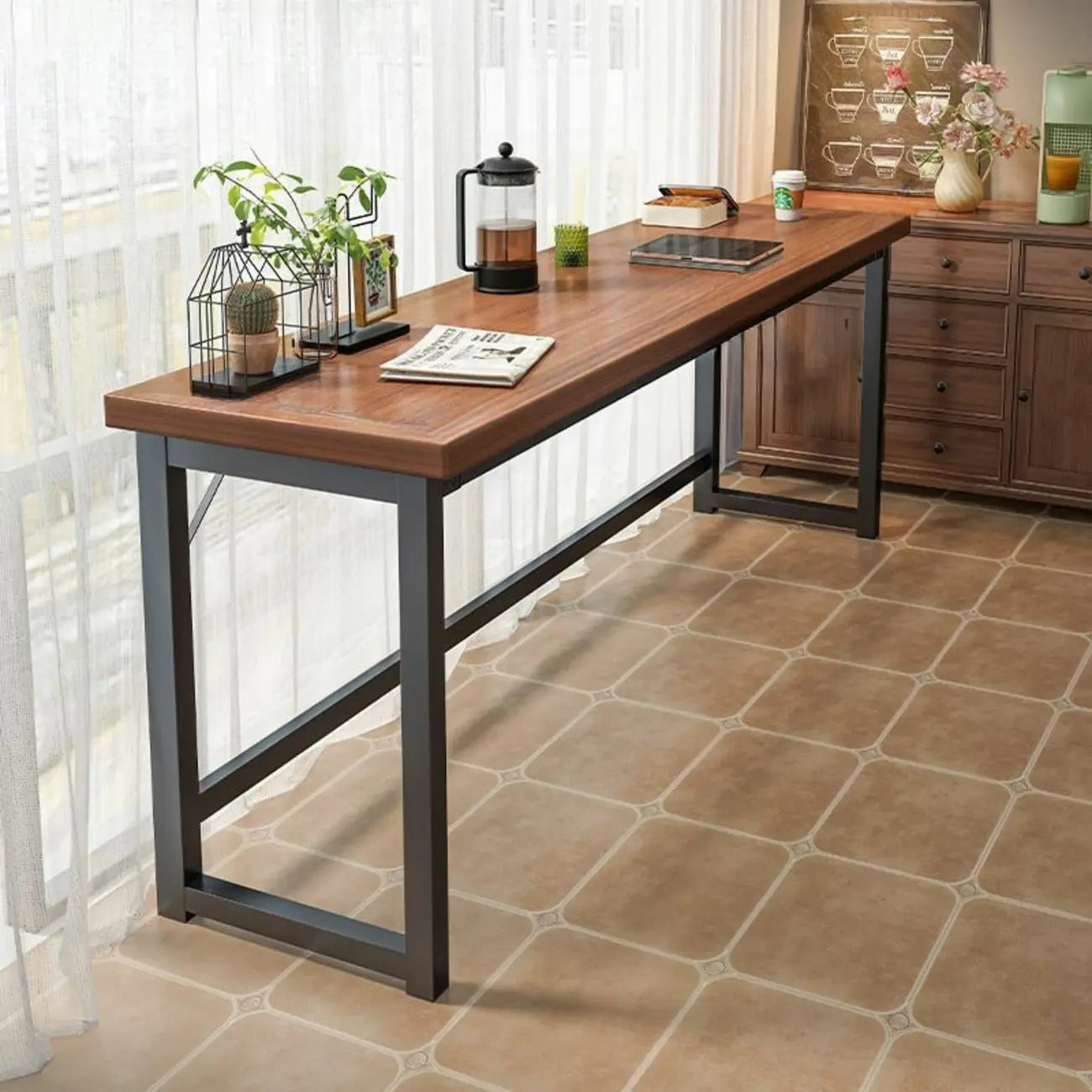 Tables de bar modernes à plateau fixe, structure en bois brun et métal