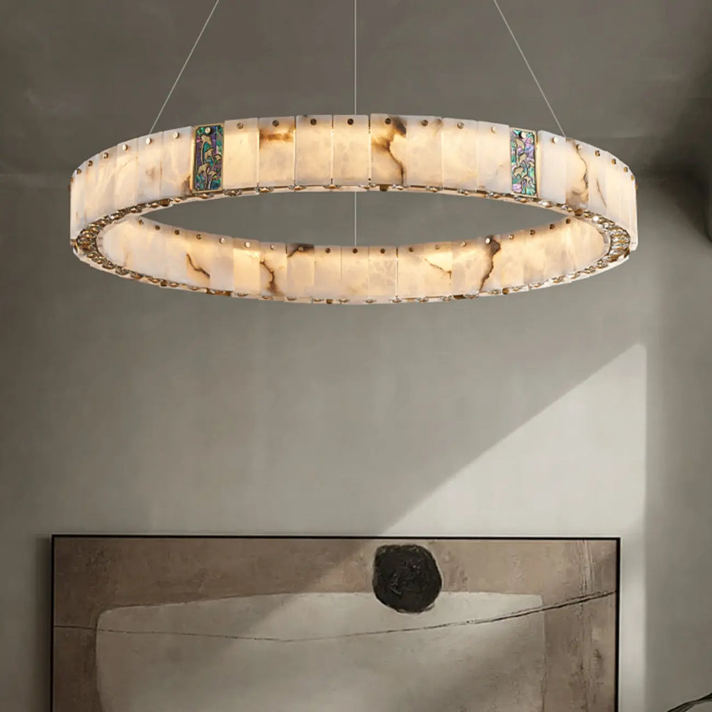 Lampadario moderno a sospensione circolare con anelli in onice, agata e oro