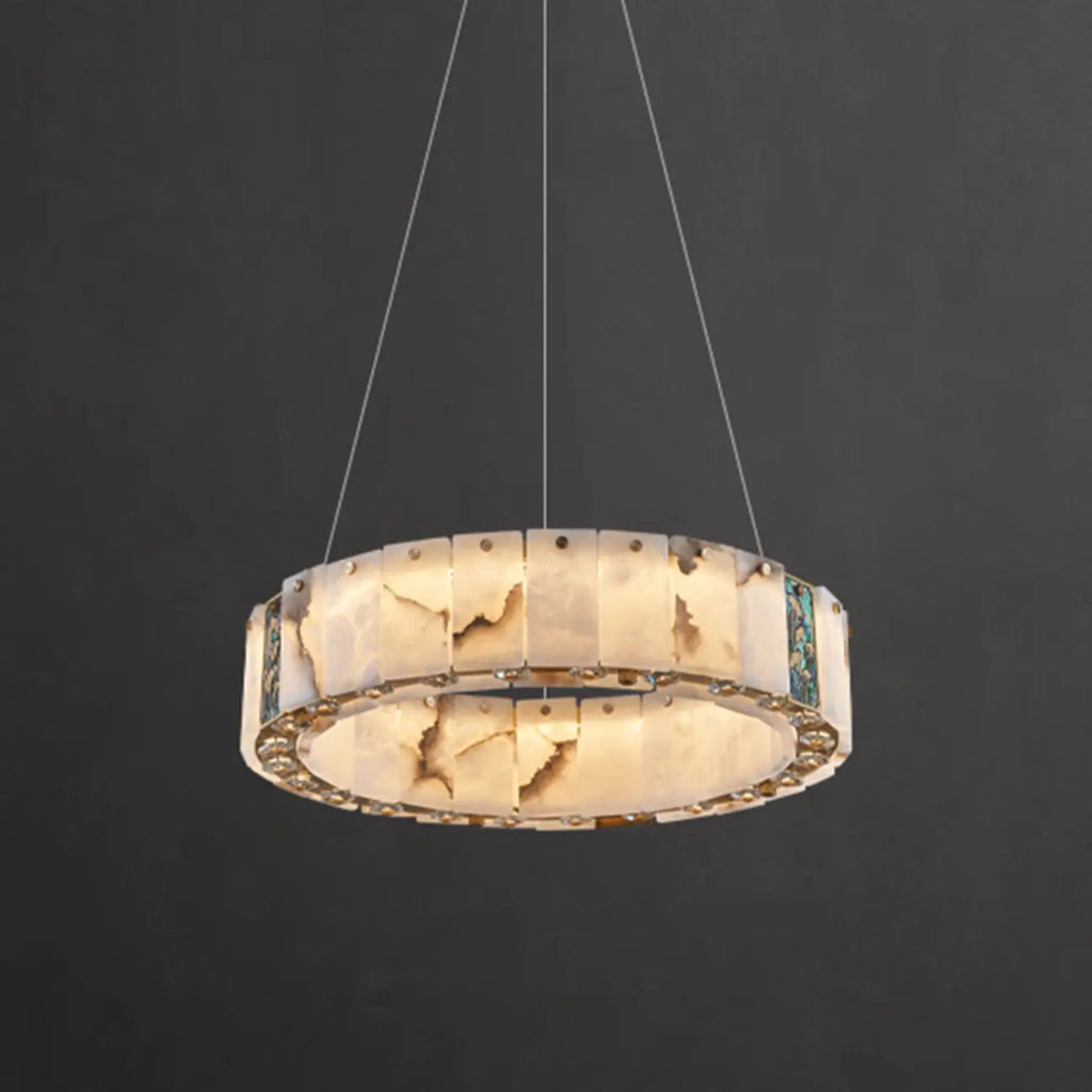 Lampadario moderno a sospensione circolare con anelli in onice, agata e oro