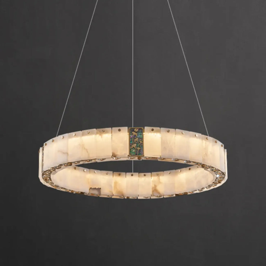 Lampadario moderno a sospensione circolare con anelli in onice, agata e oro