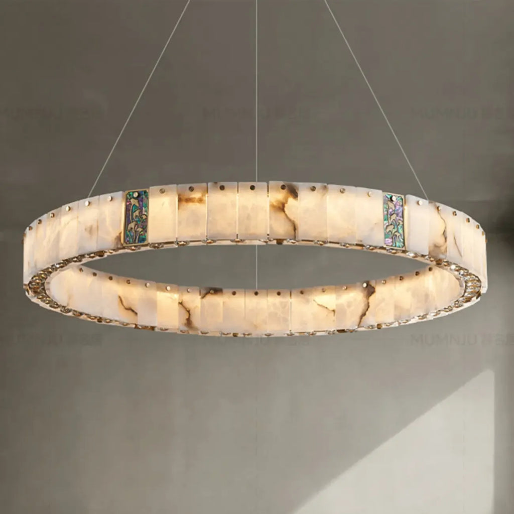 Lampadario moderno a sospensione circolare con anelli in onice, agata e oro