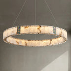 Lampadario moderno a sospensione circolare con anelli in onice, agata e oro