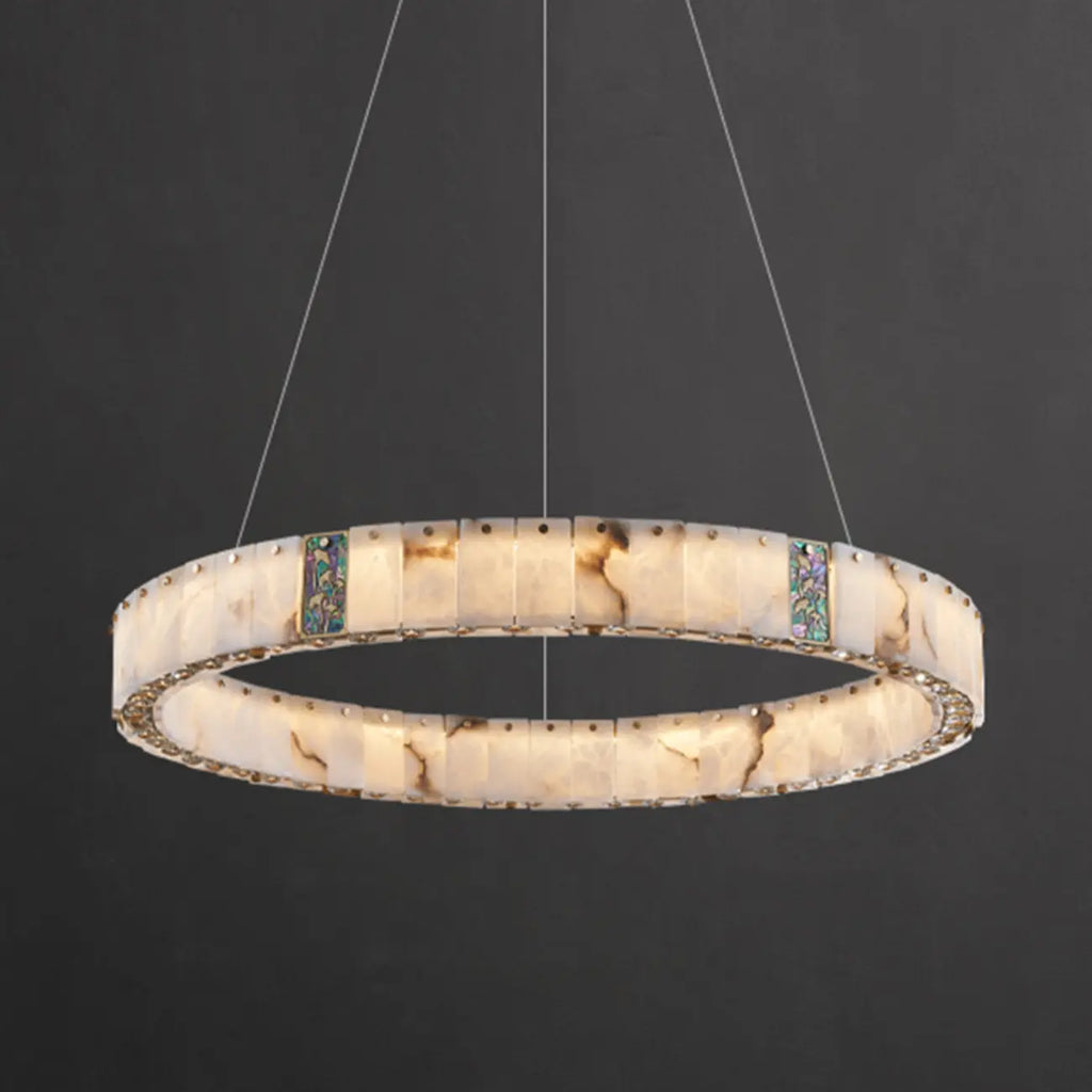 Lampadario moderno a sospensione circolare con anelli in onice, agata e oro