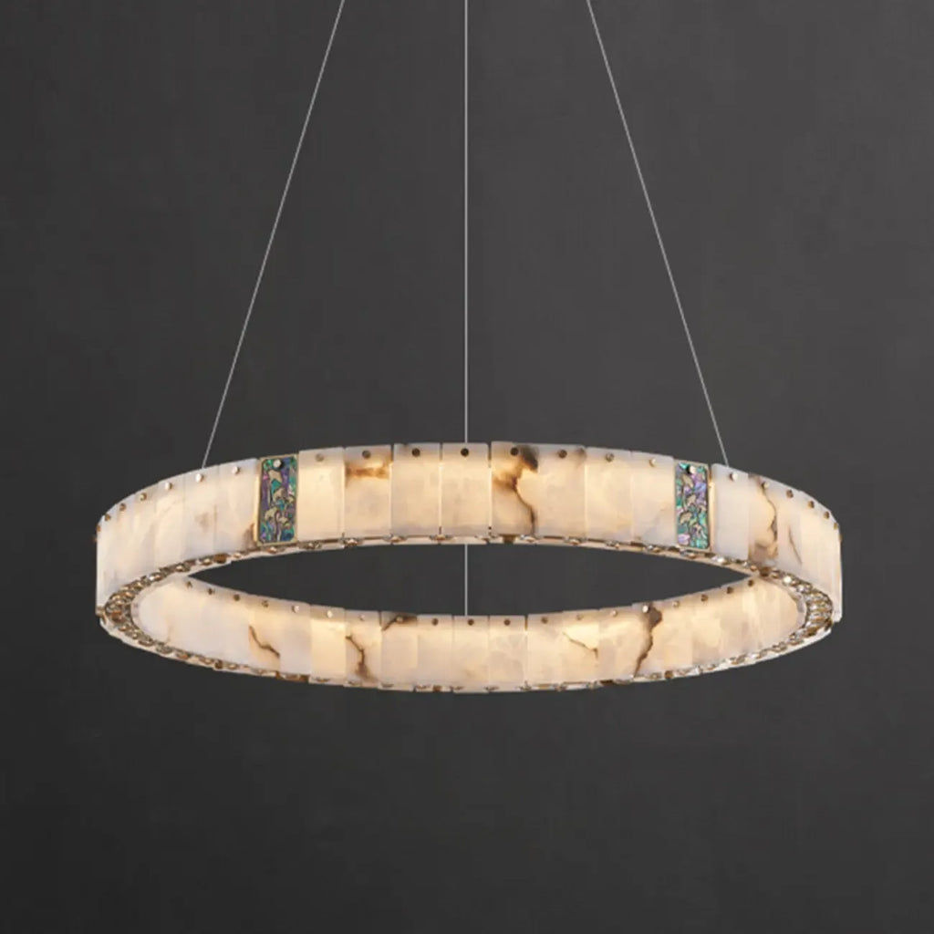 Lampadario moderno a sospensione circolare con anelli in onice, agata e oro