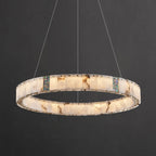 Lampadario moderno a sospensione circolare con anelli in onice, agata e oro