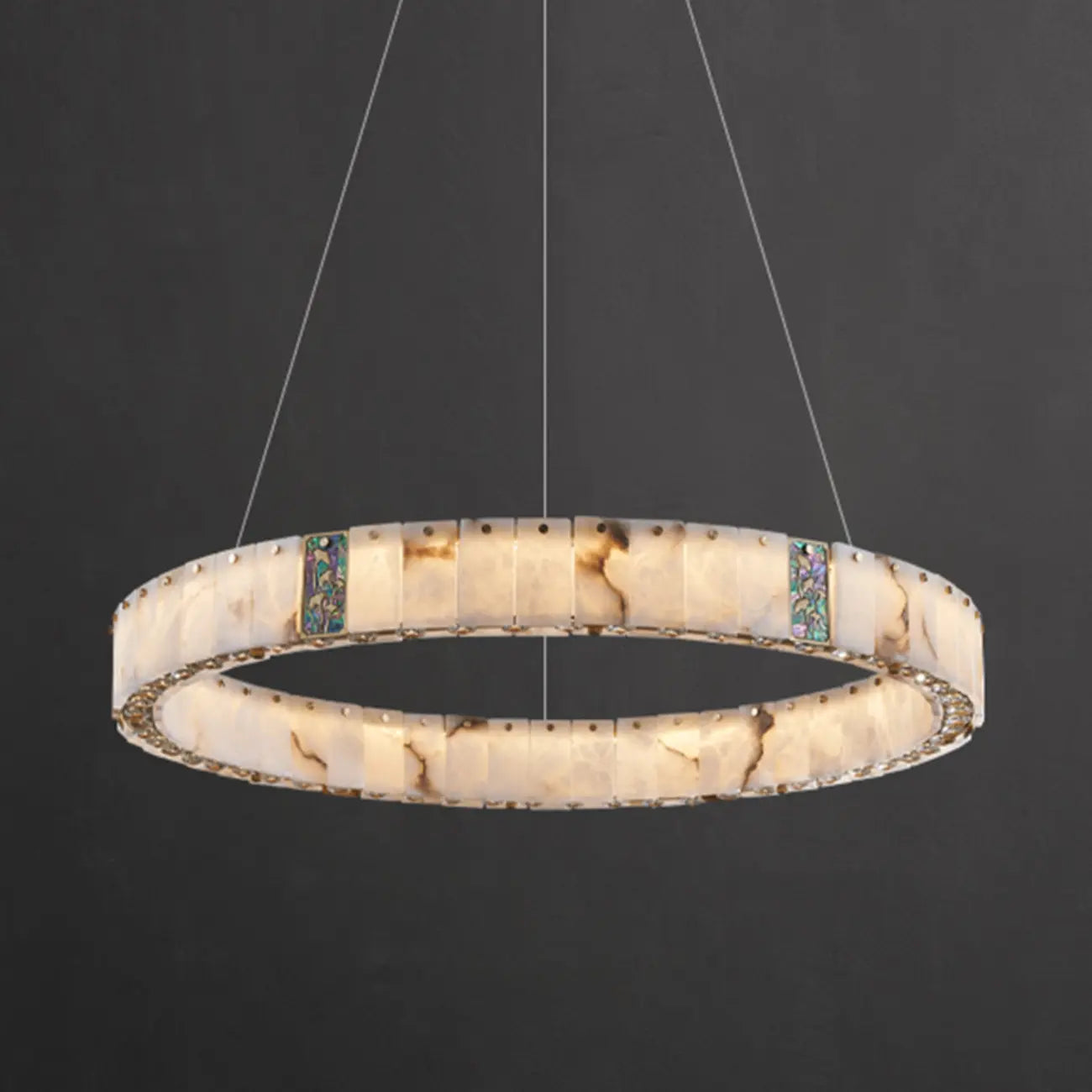 Lampadario moderno a sospensione circolare con anelli in onice, agata e oro