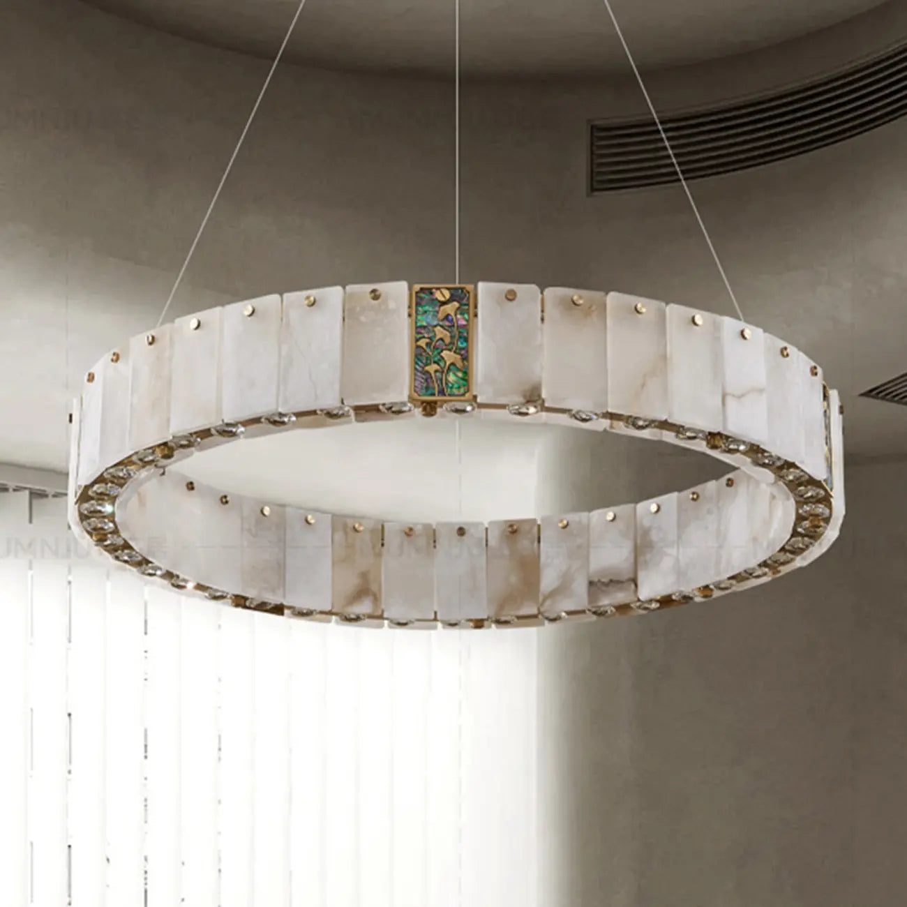 Lampadario moderno a sospensione circolare con anelli in onice, agata e oro