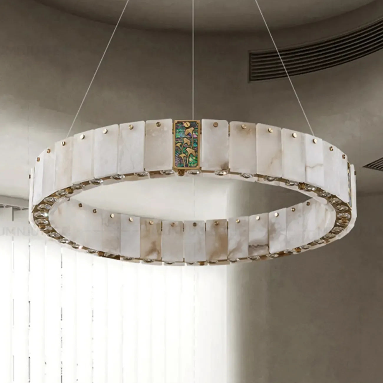 Lampadario moderno a sospensione circolare con anelli in onice, agata e oro