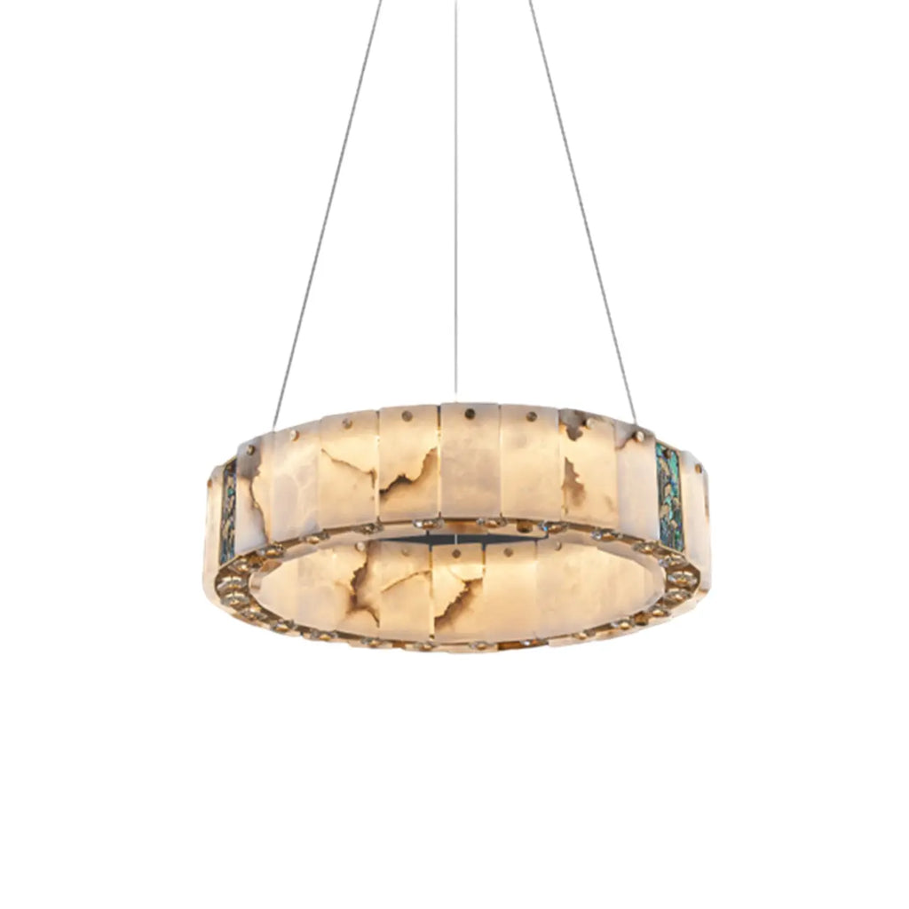 Lampadario moderno a sospensione circolare con anelli in onice, agata e oro
