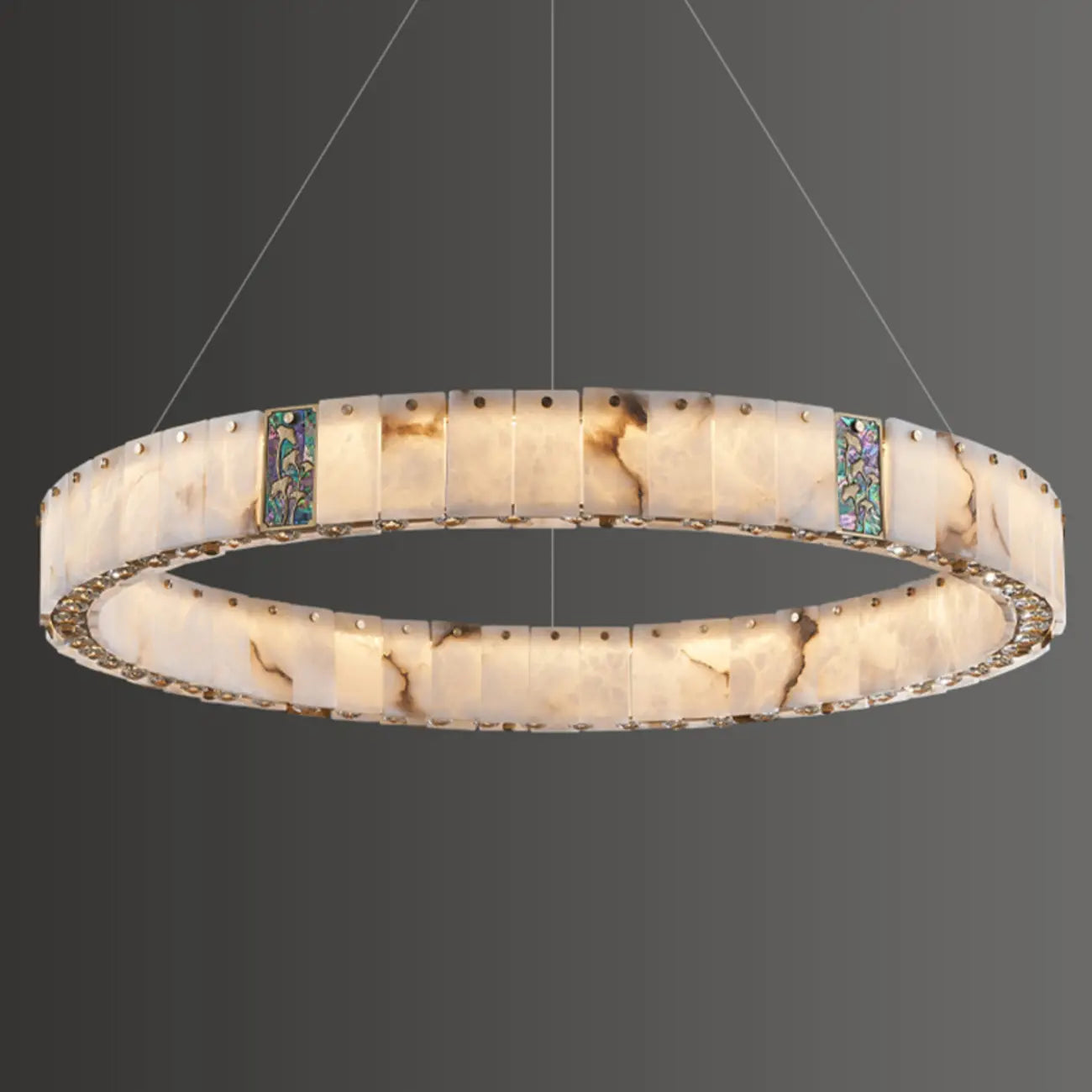 Lampadario moderno a sospensione circolare con anelli in onice, agata e oro