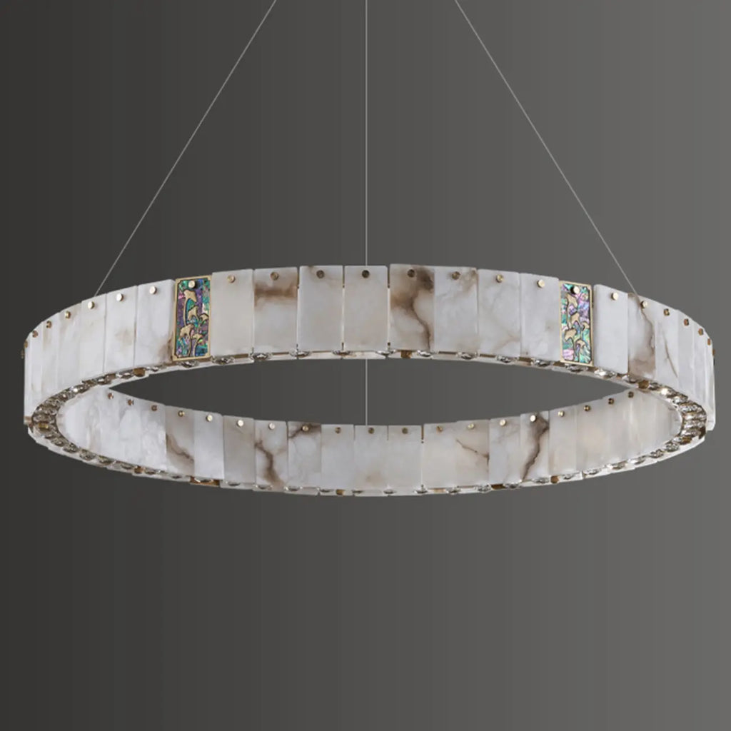 Lampadario moderno a sospensione circolare con anelli in onice, agata e oro