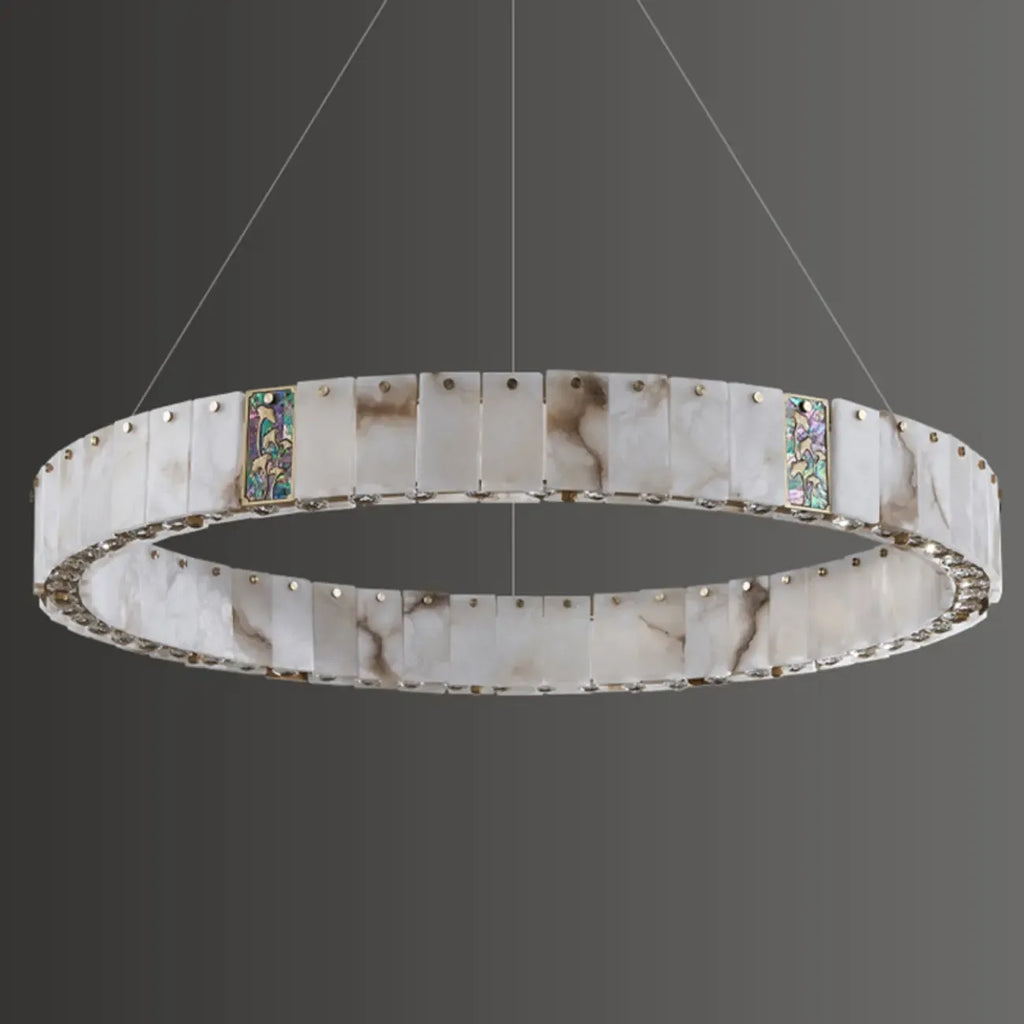 Lampadario moderno a sospensione circolare con anelli in onice, agata e oro