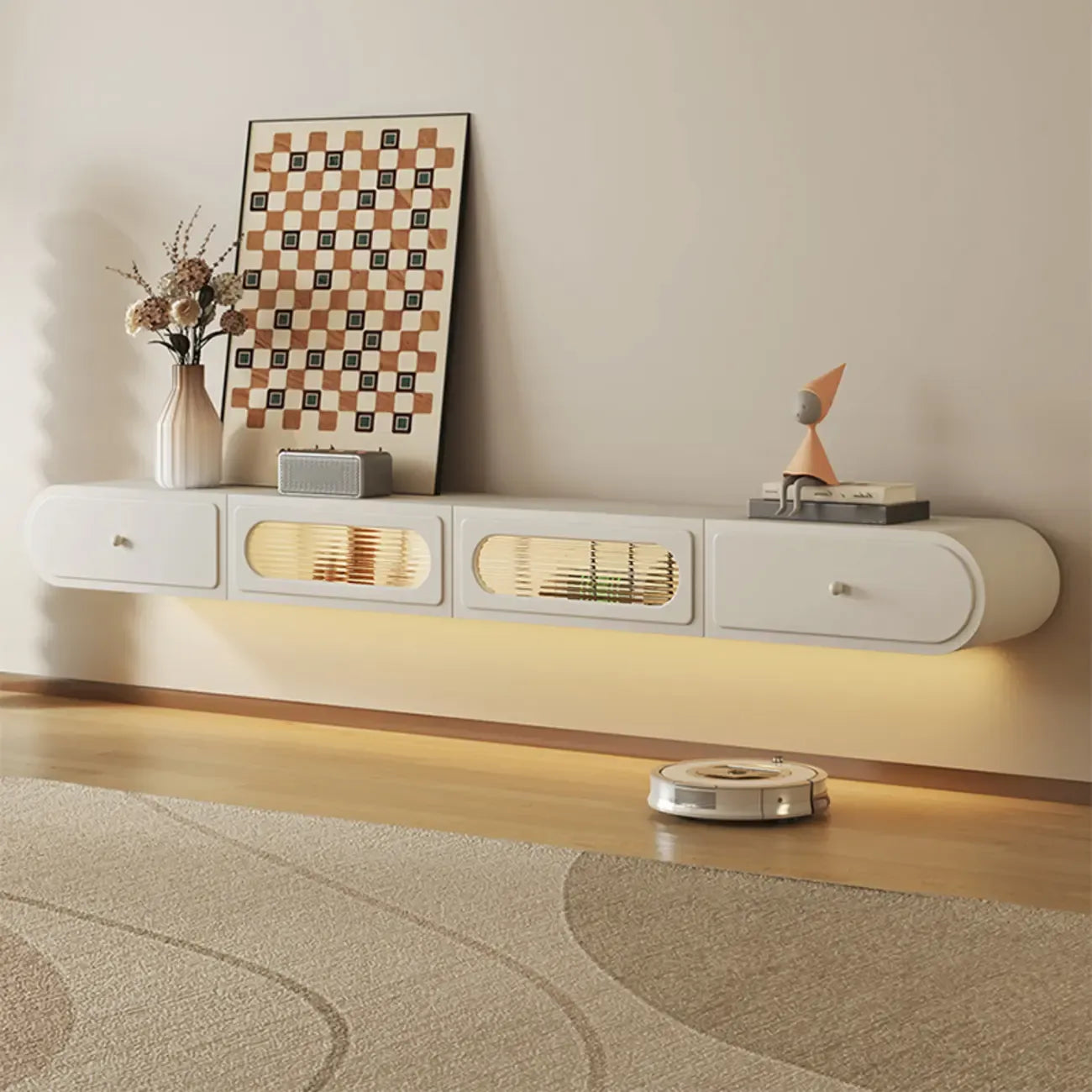 Meuble TV suspendu minimaliste en bois avec éclairage et tiroirs