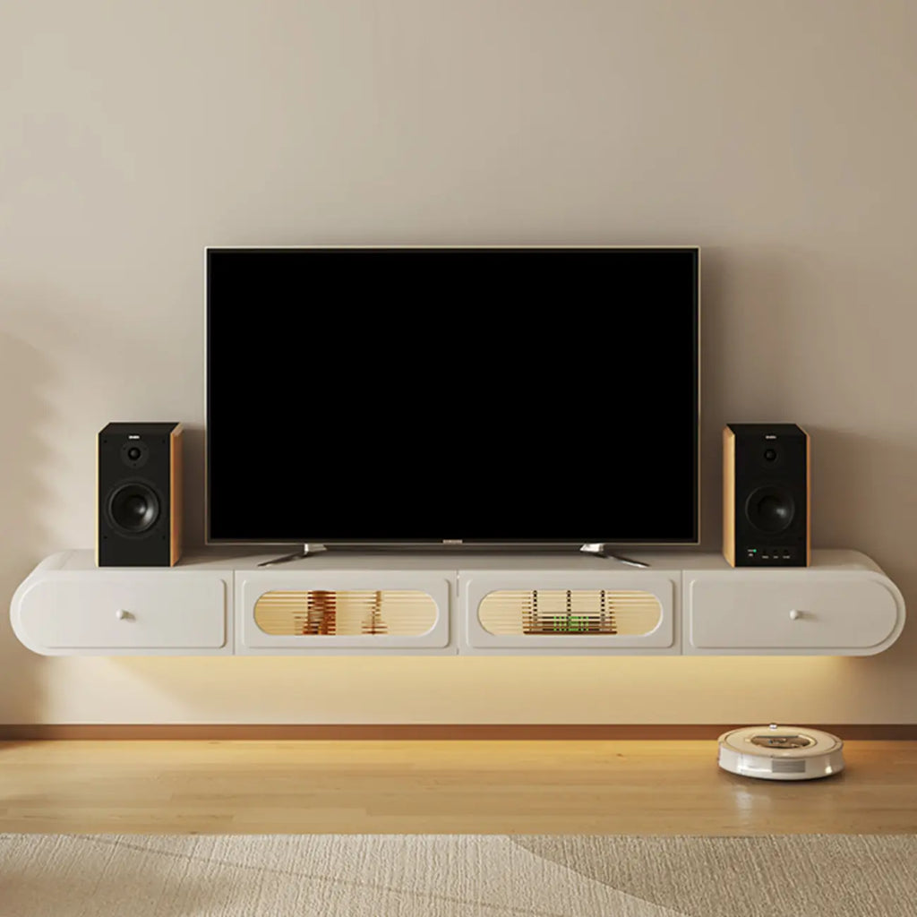 Meuble TV suspendu minimaliste en bois avec éclairage et tiroirs