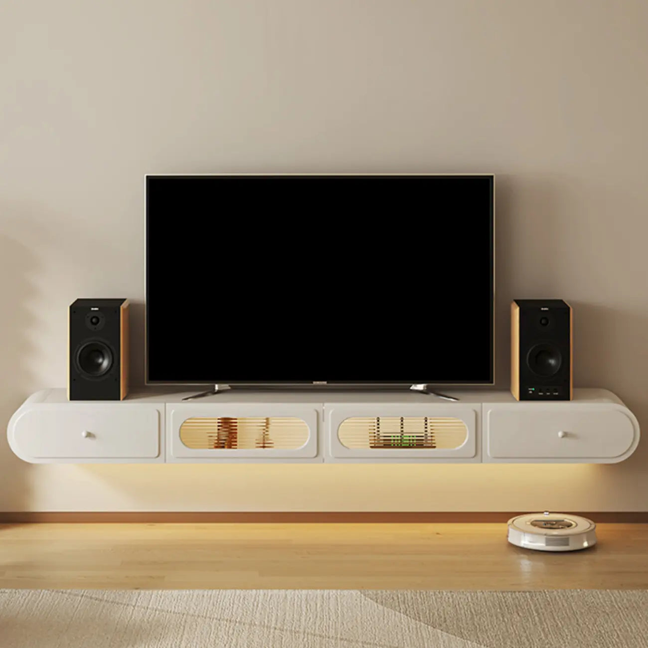 Meuble TV suspendu minimaliste en bois avec éclairage et tiroirs