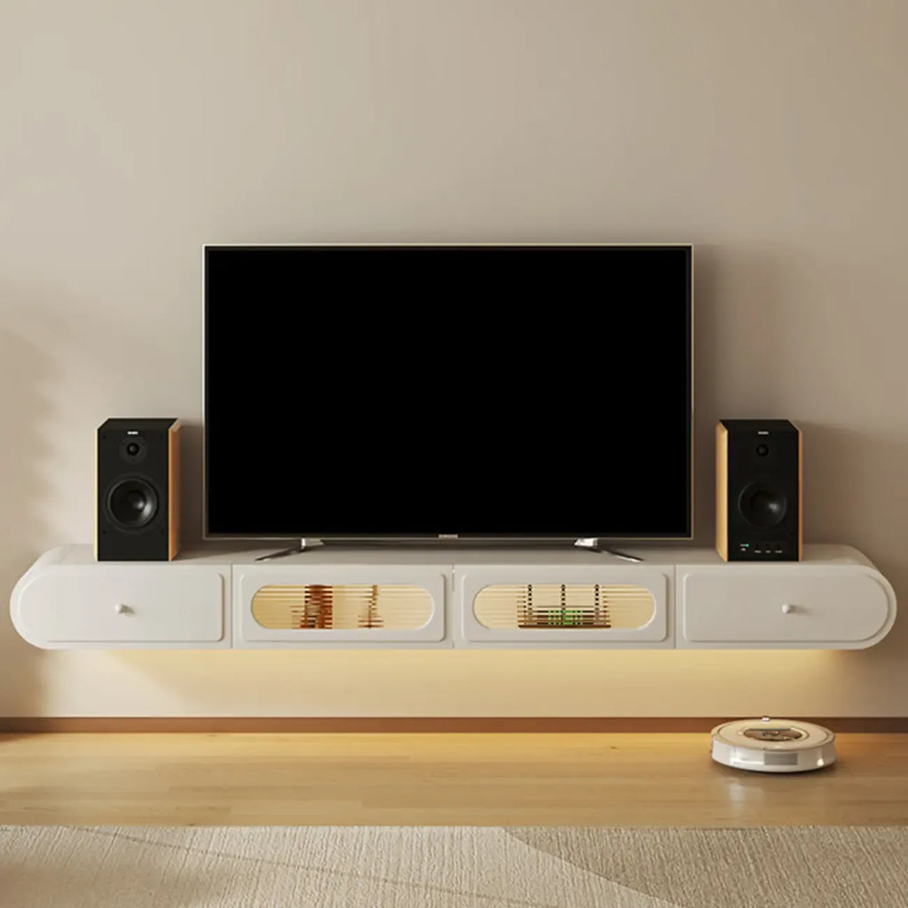 Meuble TV suspendu minimaliste en bois avec éclairage et tiroirs