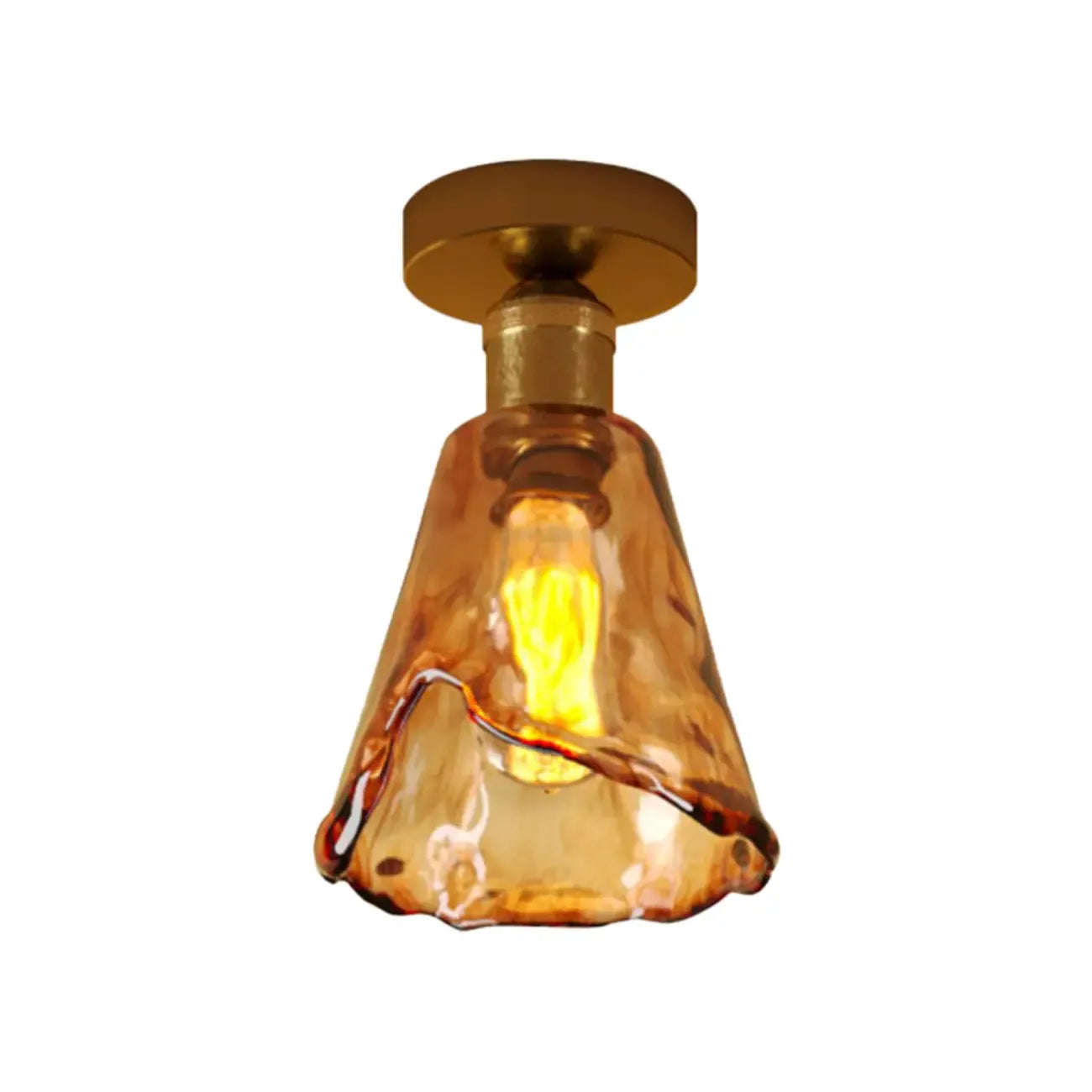 Plafonnier semi-encastré moderne en laiton et verre ambré, forme conique.