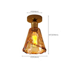 Plafonnier semi-encastré moderne en laiton et verre ambré, forme conique.