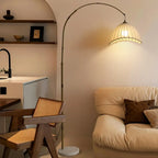 Lampadaire arqué kaki à brancher avec abat-jour en tissu pour salon