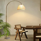 Lampadaire arqué kaki à brancher avec abat-jour en tissu pour salon