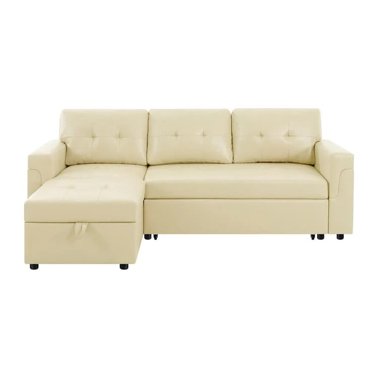 Canapé d'angle convertible et réversible avec lit gigogne, méridienne de rangement dissimulée et pieds robustes.