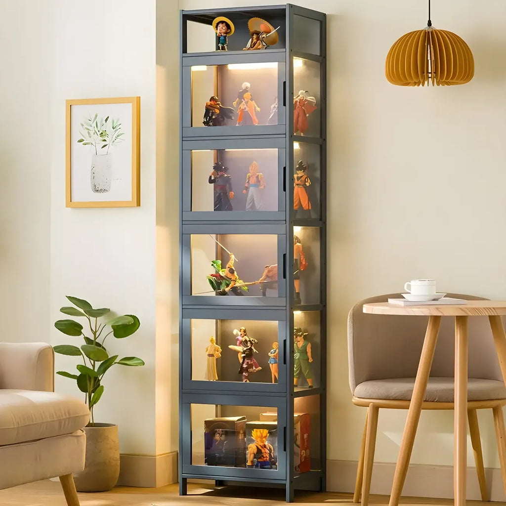 Vitrine moderne en bambou gris et verre pour salon