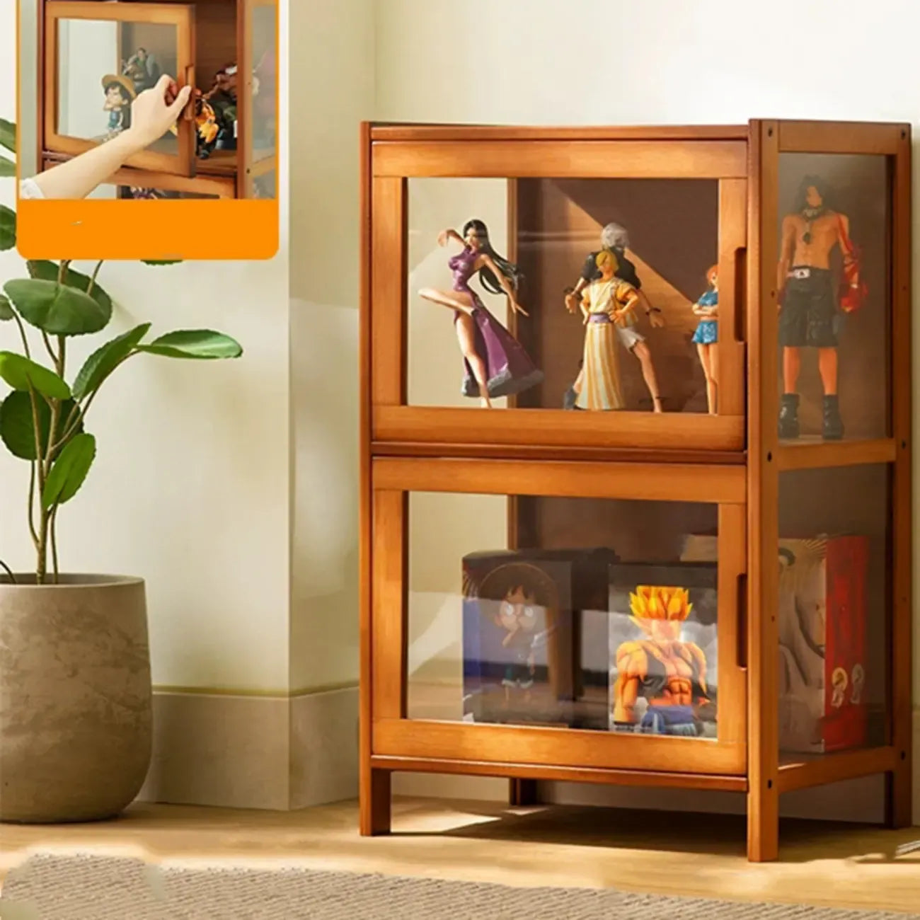 Vitrine moderne en bambou gris et verre pour salon