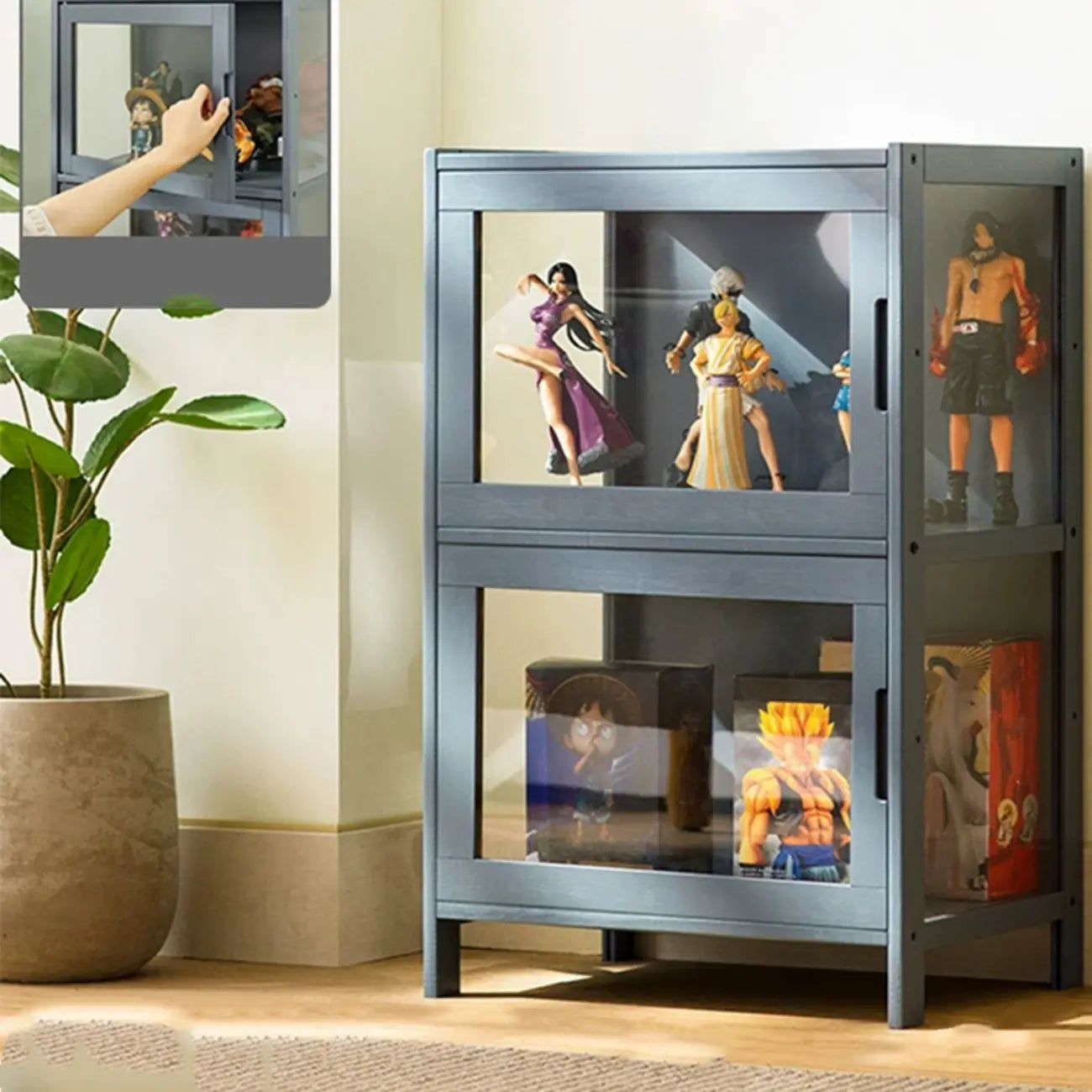 Vitrine moderne en bambou gris et verre pour salon