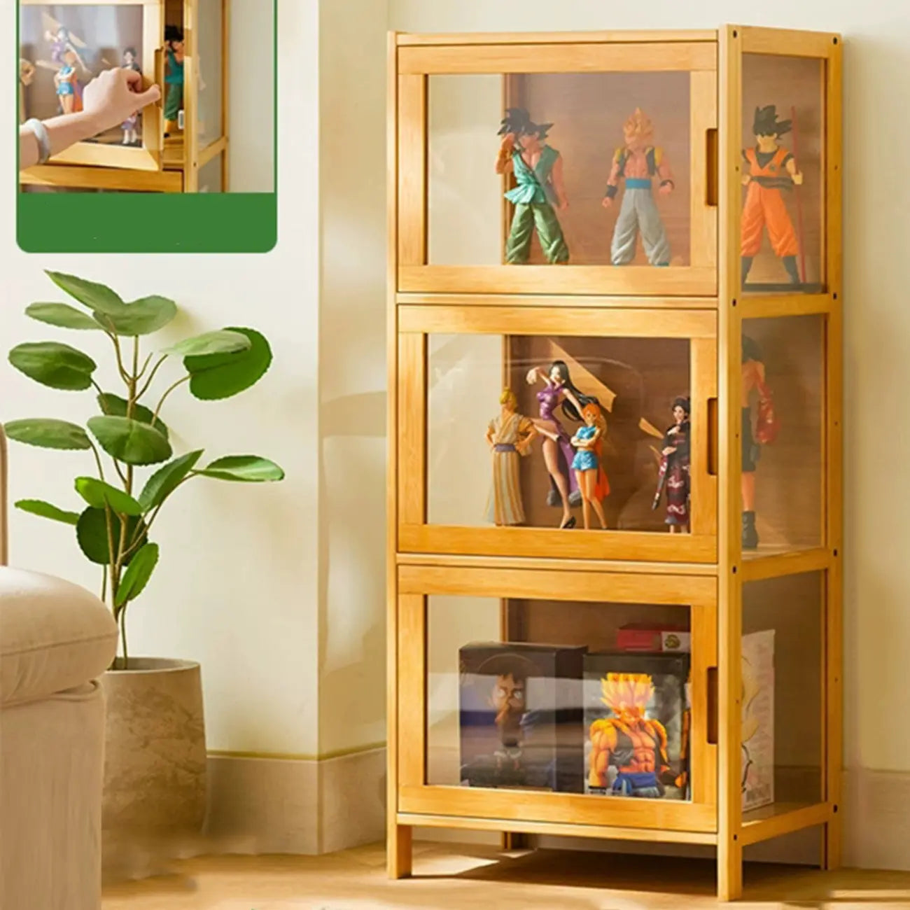 Vitrine moderne en bambou gris et verre pour salon