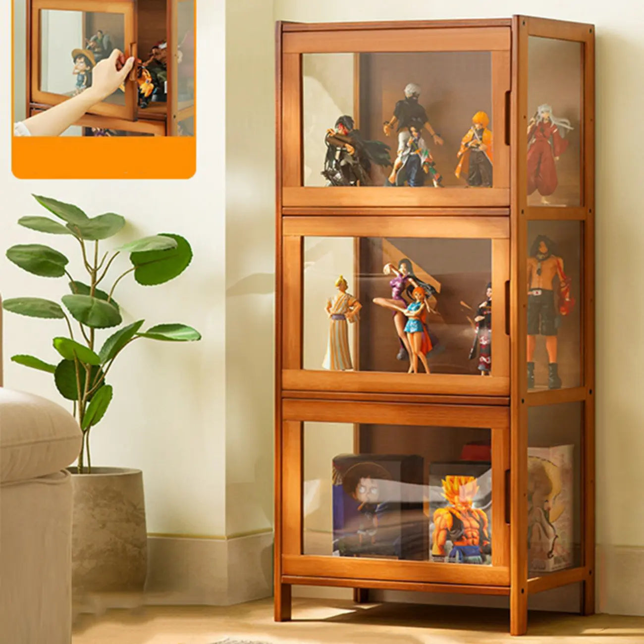 Vitrine moderne en bambou gris et verre pour salon