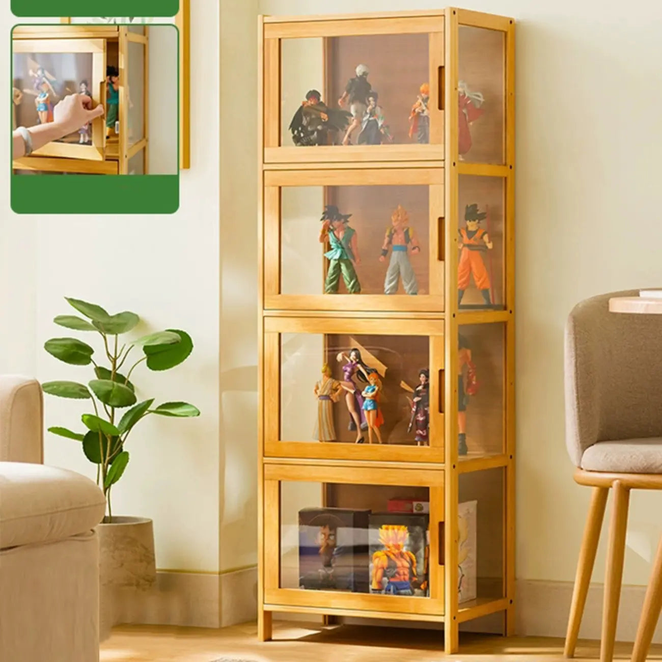 Vitrine moderne en bambou gris et verre pour salon