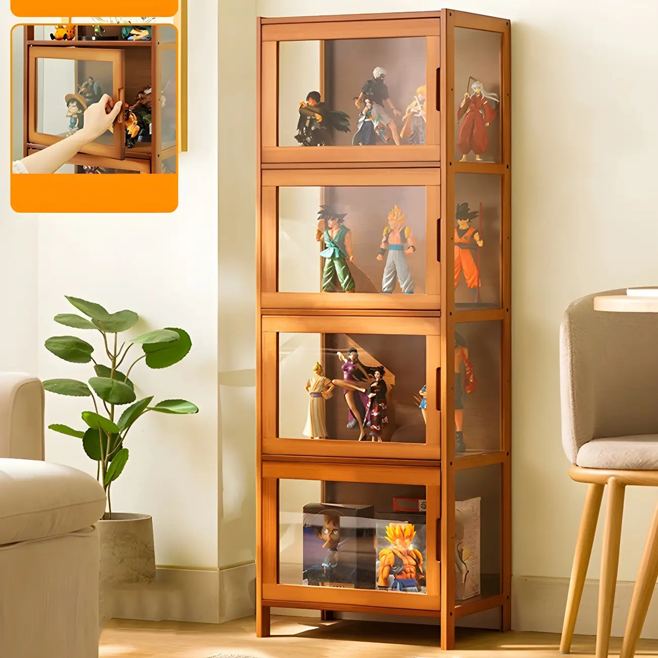 Vitrine moderne en bambou gris et verre pour salon