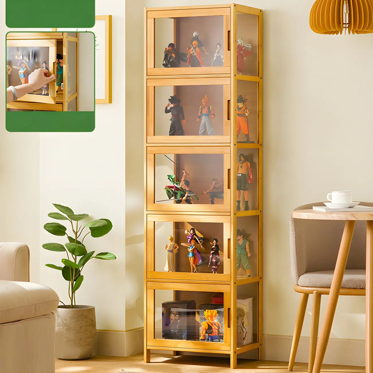 Vitrine moderne en bambou gris et verre pour salon