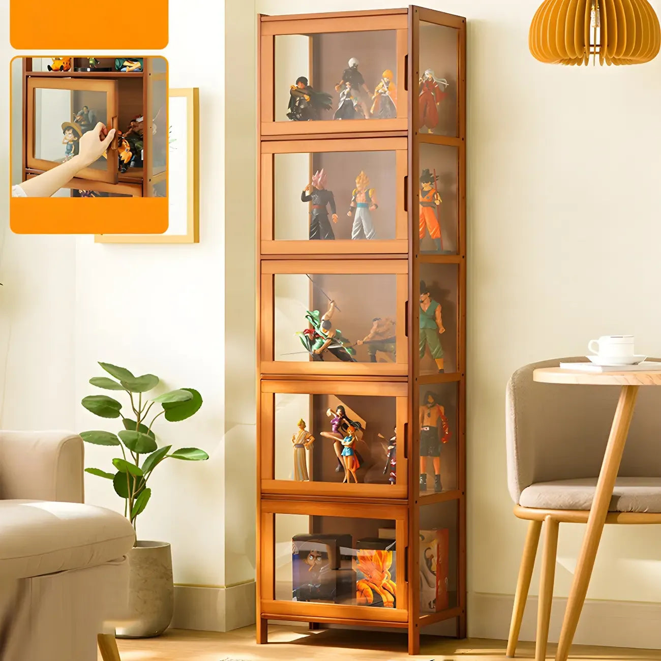 Vitrine moderne en bambou gris et verre pour salon