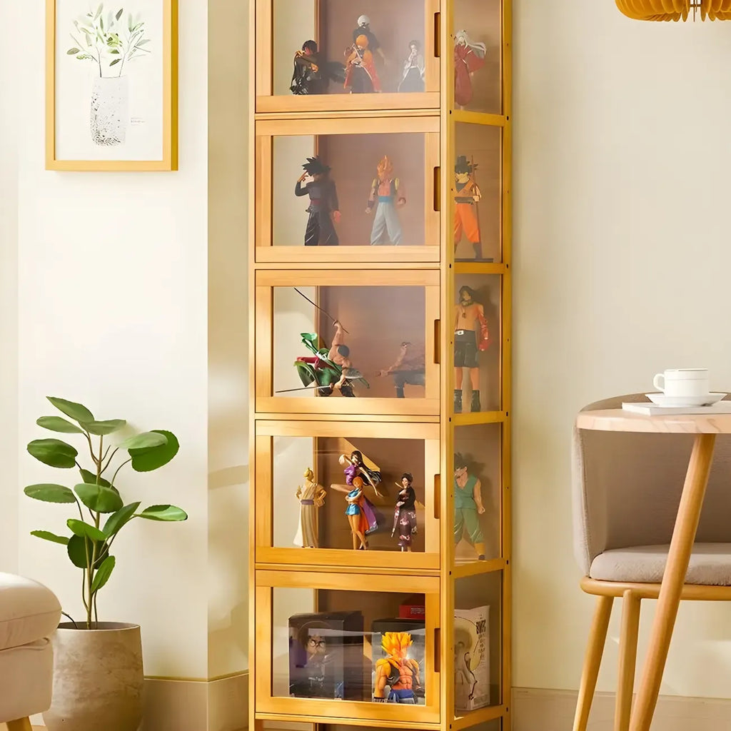 Vitrine moderne en bambou gris et verre pour salon