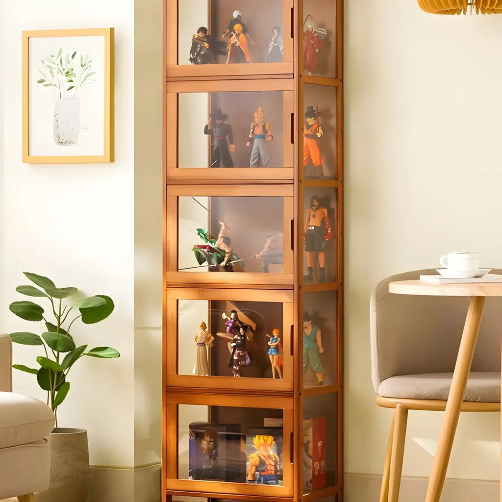 Vitrine moderne en bambou gris et verre pour salon