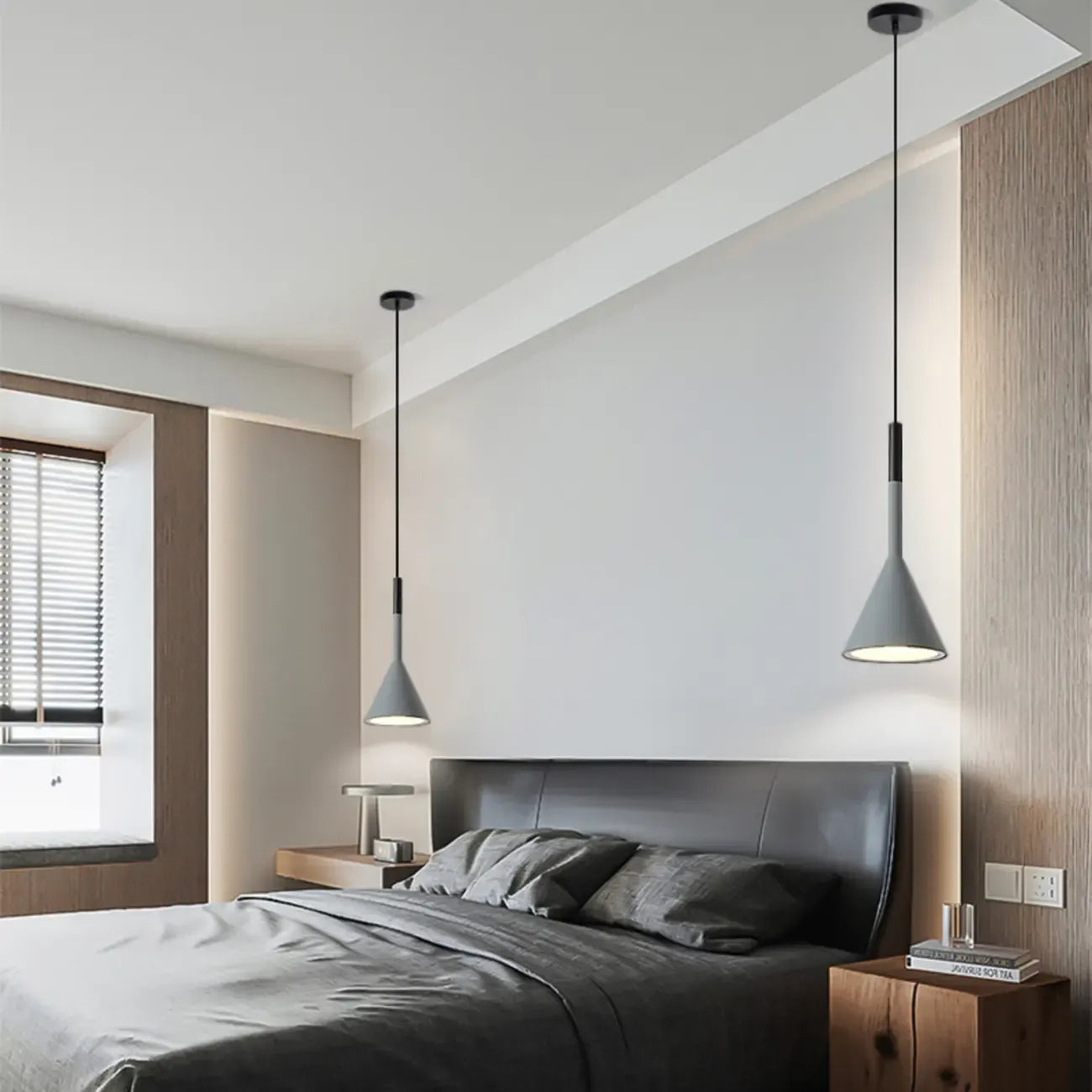 Lampada a sospensione da camera da letto, minimalista, cono in alluminio grigio